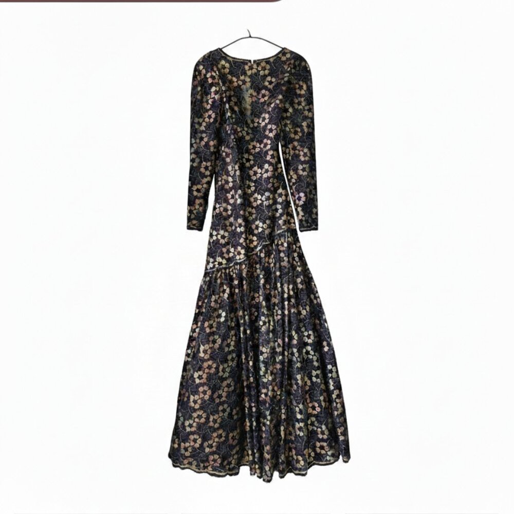 VTG Gedasi Boutique Metallic Floral Maxi-Dress - Long Sleeve Formal Gown